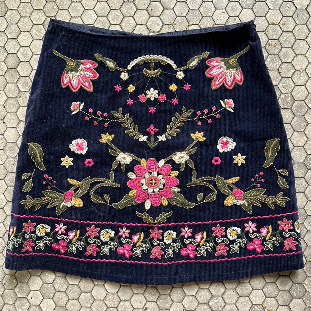 Embroidered Floral Navy Corduroy Skirt - Pink & Green Accents